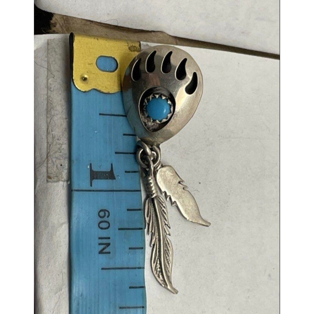Vintage Sterling Silver Bear Paw Genuine Turquoise Feather Dangle Earrings - Picture 4 of 4